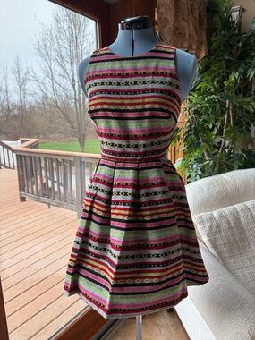 ASOS Sz 6 Fit-and-Flare Geo Striped Pleated Open-Back Mini Dress Multicolor